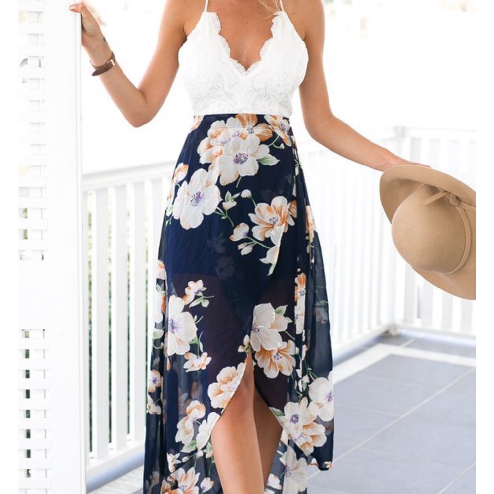 NWOT V-neck white lace blue floral high low dress